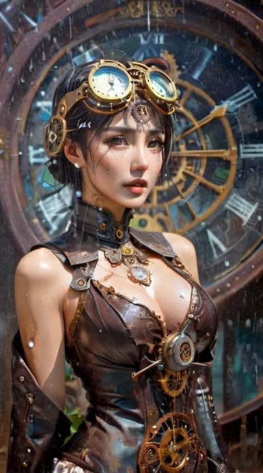 olpntng style, high quality steampunk portrait of the woman called Goddess Time with a clock for a head played by Sam Elliott, large-breasts, deep cleavage, sexy look, unbuttoned clothes, clock goggles, amazing background, by tomasz alen kopera and peter mohrbacher, dripping sparks, rain, sharp focus, clear, vibrant, denoised, intricately detailed, amazing clock, 8k, steampunk clock render engine, oil painting, heavy strokes, paint dripping,HZ Steampunk,dashataran,3d style,beautymix