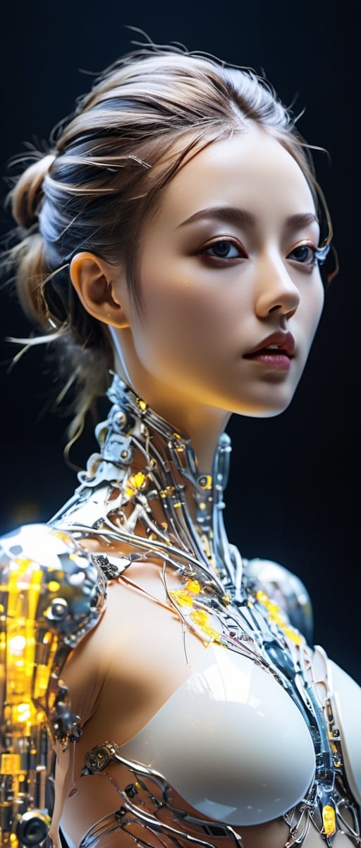 bio mechanical cyborg made of glass and metal, shine, beautifu detailed face, body, hips, thighs, (slim beauty:1.4),  subsurface scattering, transparent, dark background, glow, bloom, coral,  Bioluminescent, white and allow yellow liquid, volumetric light, tube, 3d style,cyborg style,Movie Still,Leonardo Style,beautymix