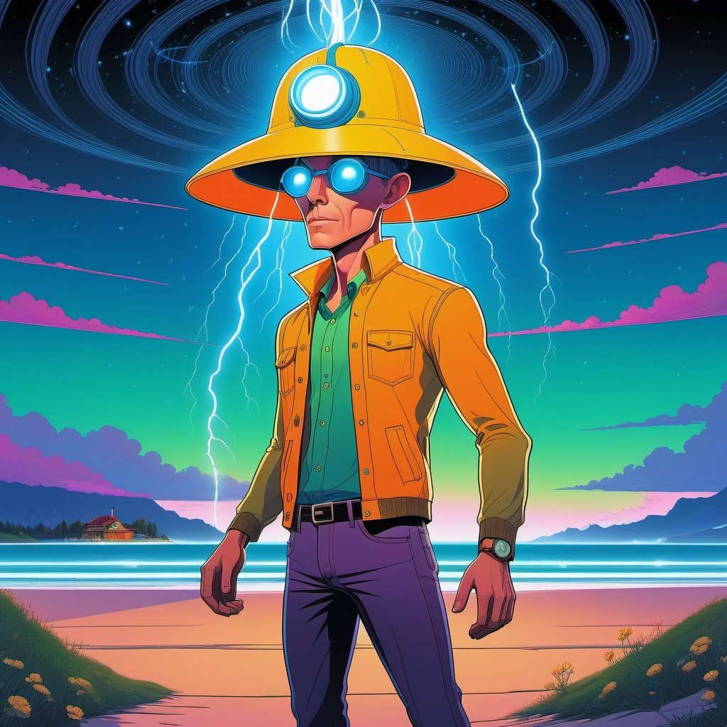 in the style of simon stalenhag, retro futurism, (masterpiece) , (best quality) , (digital painting) , wide angle, ((a cool humanoid alien:1.2)), full body, wide shot, wearing a hat adorned with blinking fairy lights, hat is illuminating his face with soft multicolored glow, entrancing effect, hypnotic, funky retro attire, jacked covered in patches of stars and galaxies, brightly colored shirt underneath, whimsical, otherworldly, on a beach, <lora:straightsyle:0.79>  <lora:coloringbooksdxl1.0:0.69>