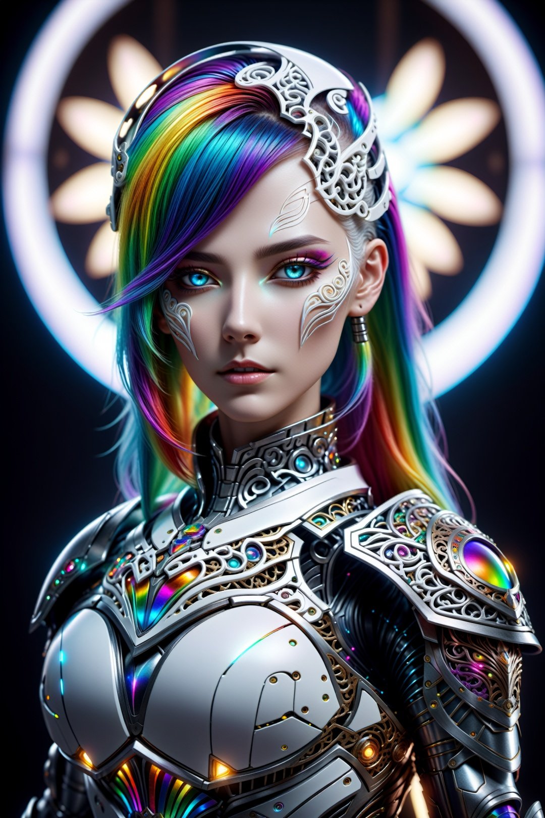 surreal photography of a stunning beautiful cyborg female, rainbow hair, huge breast, (beauty and detailed armor), embraced, delicate white filigree, intricate filigree, glowing, highly detailed, intricate detailed, face symmetry, masterpiece, award-winning, sharp focus, concept art, low key, 8k, uhd, low key, octane render