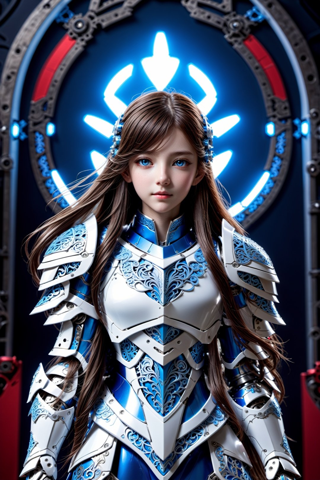 front_view, masterpiece, best quality, photorealistic, raw photo, (1girl, looking at viewer), long hair, mechanical white armor, intricate armor, delicate blue filigree, intricate filigree, red metalic parts, detailed part, dynamic pose, detailed background, dynamic lighting,
