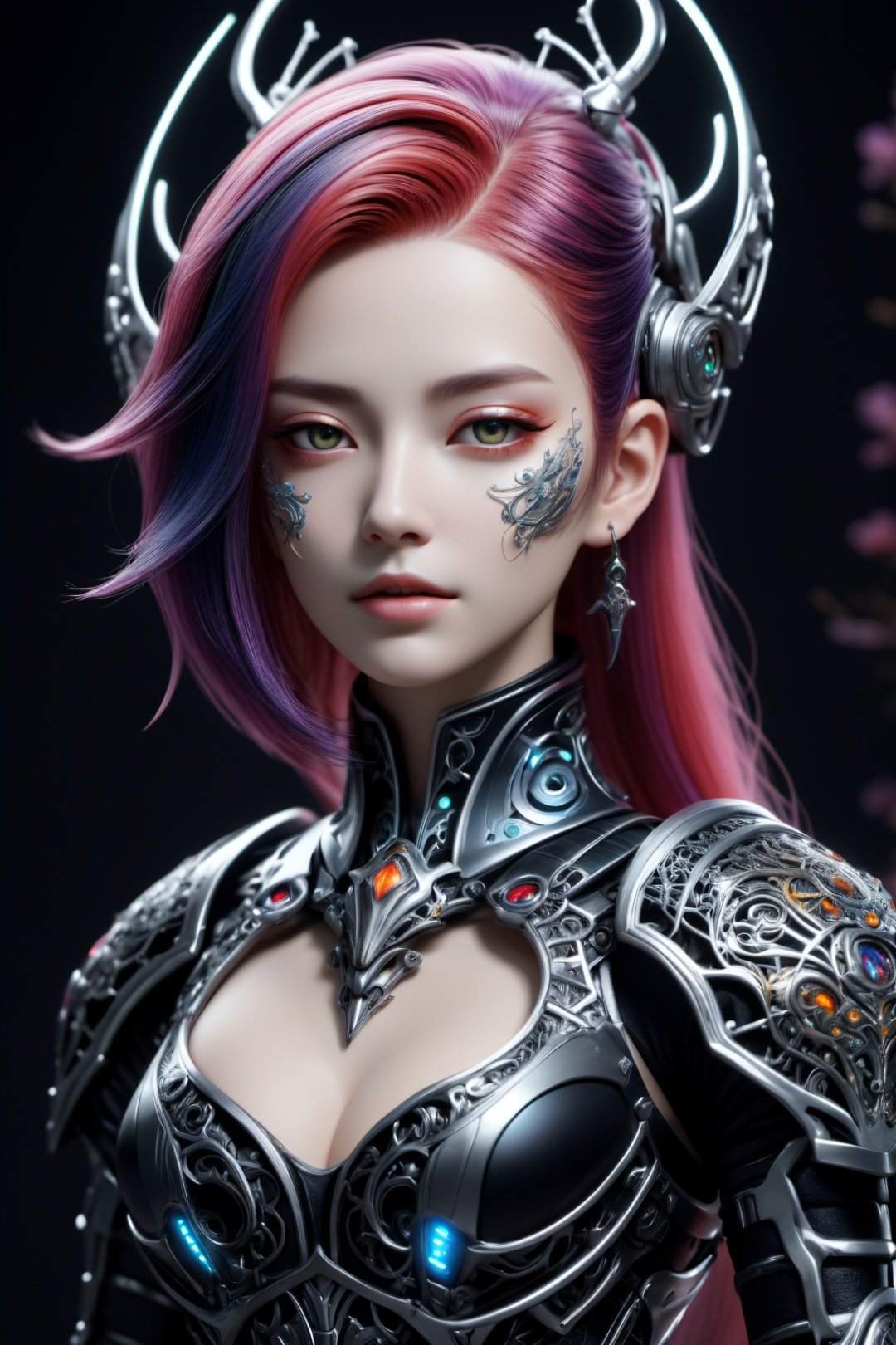 front_view, surreal photography of a stunning beautiful cyborg female, colorful_hair, ((huge breast)), (beauty and detailed black metalic armor), embraced, delicate white filigree, intricate filigree, glowing, highly detailed, intricate detailed, face symmetry, masterpiece, award-winning, sharp focus, concept art, low key, 8k, uhd, low key, octane render