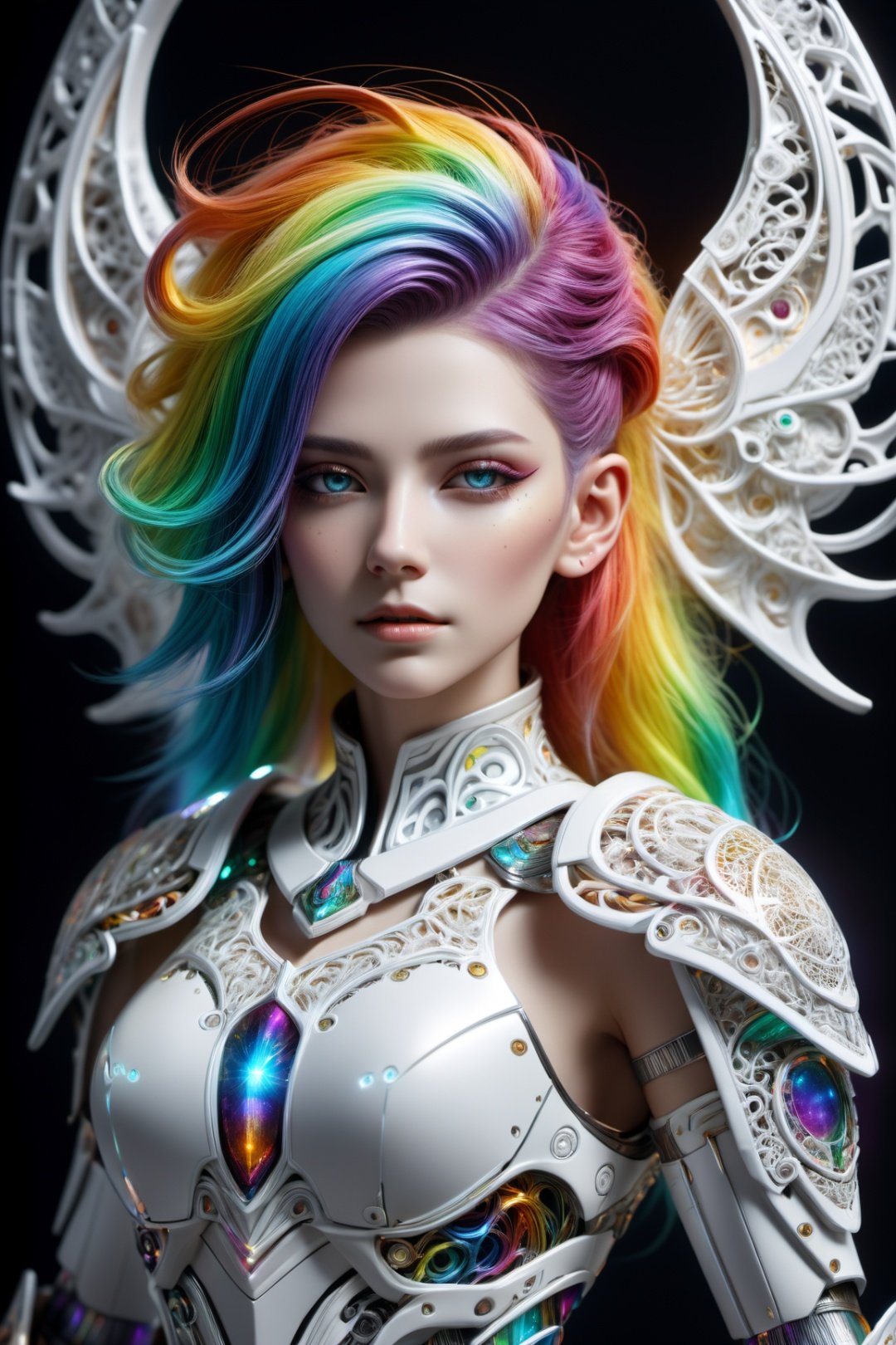 surreal photography of a stunning beautiful cyborg female, rainbow hair, huge breast, (beauty and detailed armor), embraced, delicate white filigree, intricate filigree, glowing, highly detailed, intricate detailed, face symmetry, masterpiece, award-winning, sharp focus, concept art, low key, 8k, uhd, low key, octane render