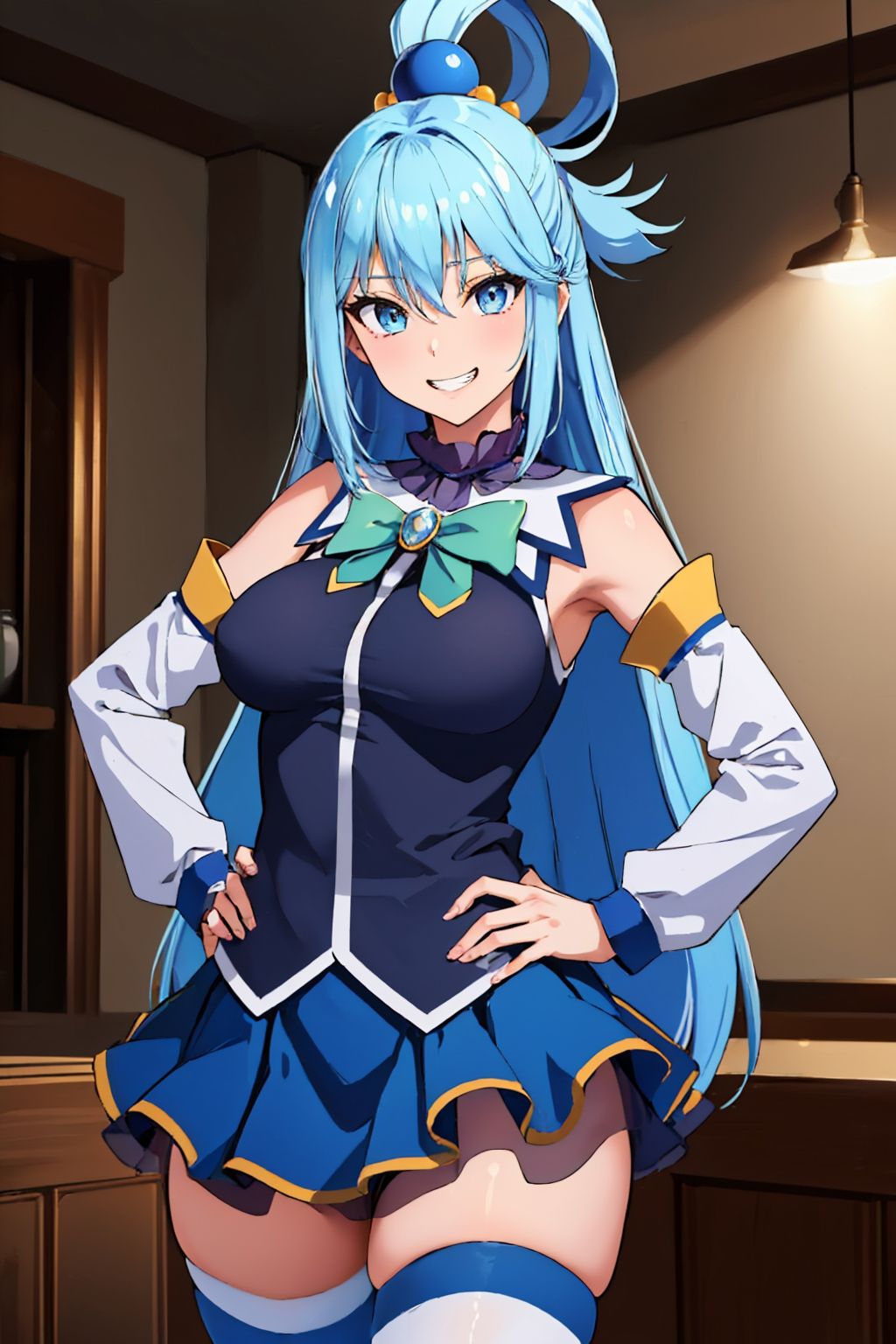 (masterpiece, best quality:1.2), solo, 1girl, ksaqua, grin, looking at viewer, hands on hips, hair rings, blue shirt, bow, detached sleeves, skirt, thighhighs, bare shoulders, huge breasts <lora:konosuba_aqua:1.0>