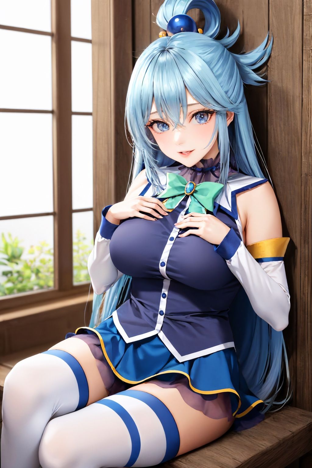 (masterpiece, best quality:1.2), solo, 1girl, ksaqua, happy, looking at viewer, hand on own chest, hair rings, blue shirt, bow, detached sleeves, skirt, white thighhighs, bare shoulders, large breasts <lora:konosuba_aqua:1.0>