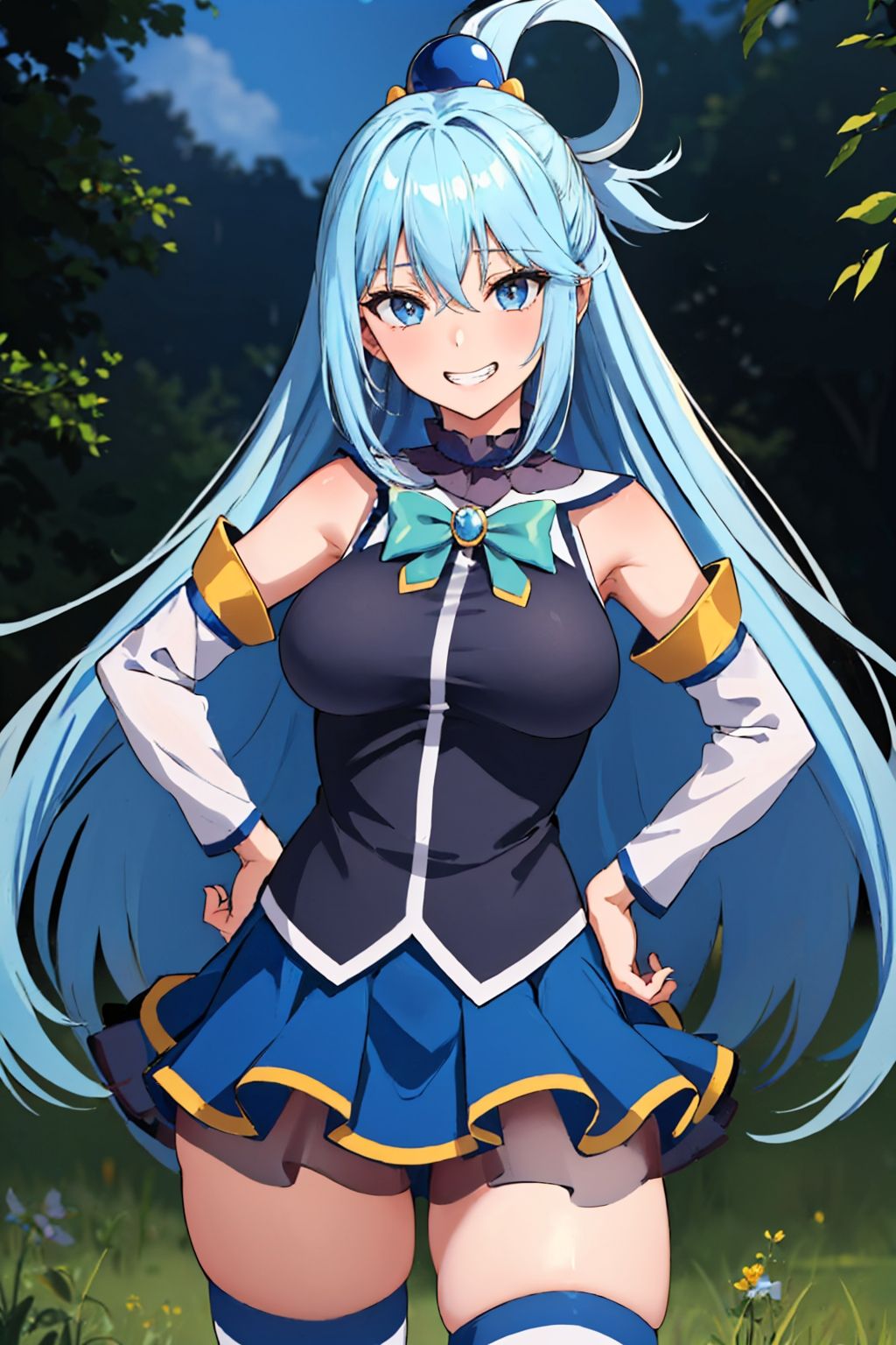 (masterpiece, best quality:1.2), solo, 1girl, ksaqua, grin, looking at viewer, hands on hips, hair rings, blue shirt, bow, detached sleeves, skirt, thighhighs, bare shoulders, huge breasts <lora:konosuba_aqua:1.0>