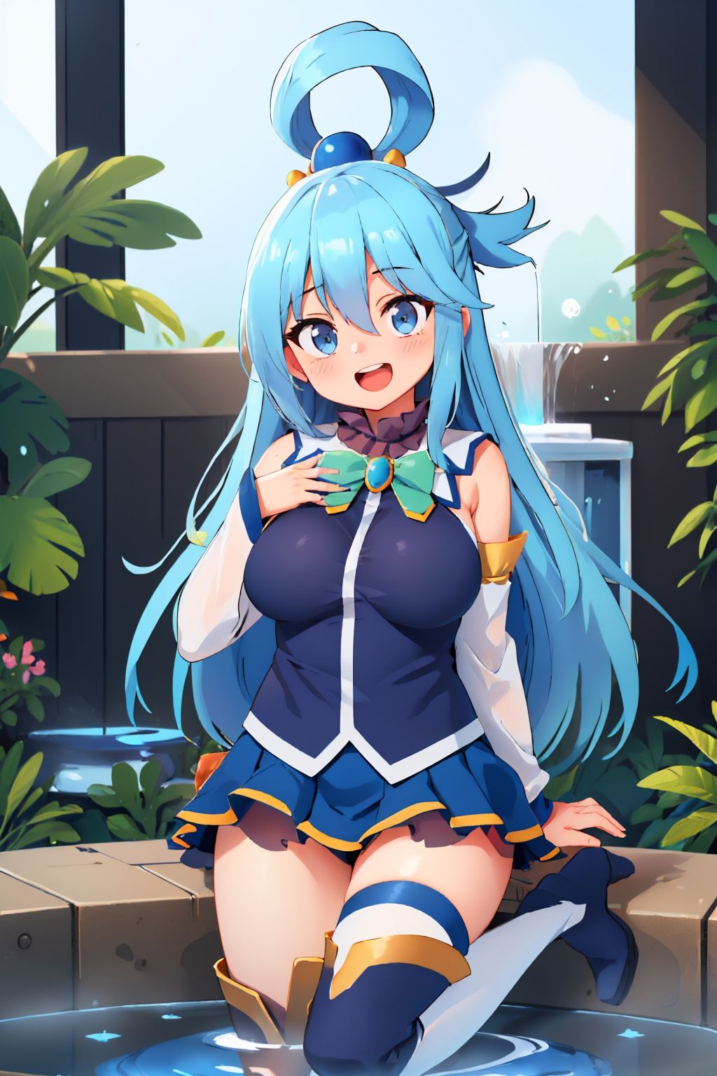 (masterpiece, best quality:1.2), solo, 1girl, ksaqua, smile, open mouth, looking at viewer, hand on own chest, hair rings, blue shirt, bow, detached sleeves, skirt, thigh boots, bare shoulders, large breasts, water fountain <lora:konosuba_aqua:1.0>