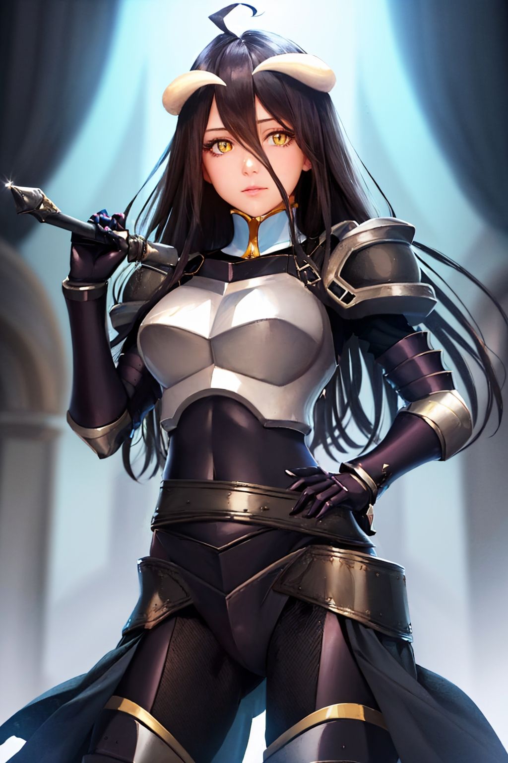 (masterpiece, best quality:1.2), solo, 1girl, albedoarmor, expressionless, looking at viewer, hand on hip, ahoge, slit pupils, black armor, pauldrons, shoulder armor, gauntlets <lora:ol_albedo:1.0>