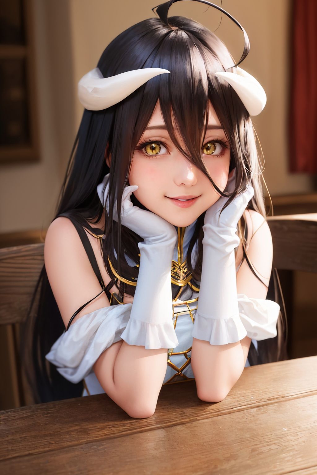 (masterpiece, best quality:1.2), upper body, solo, 1girl, albedodef, naughty face, smile, looking at viewer, head rest, ahoge, slit pupils, dress, (white gloves:1.1), black wings, bare shoulders, indoors, table <lora:ol_albedo:1.0>
