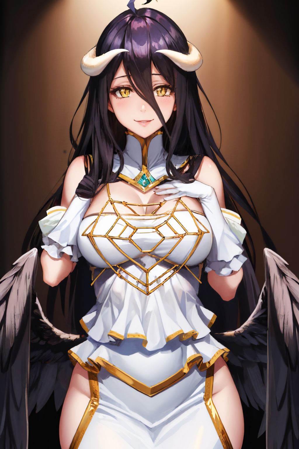 (masterpiece, best quality:1.2), solo, 1girl, albedodef, naughty face, smile, looking at viewer, hands on own face, ahoge, slit pupils, dress, hip vent, white gloves, black wings, bare shoulders <lora:ol_albedo:1.0>