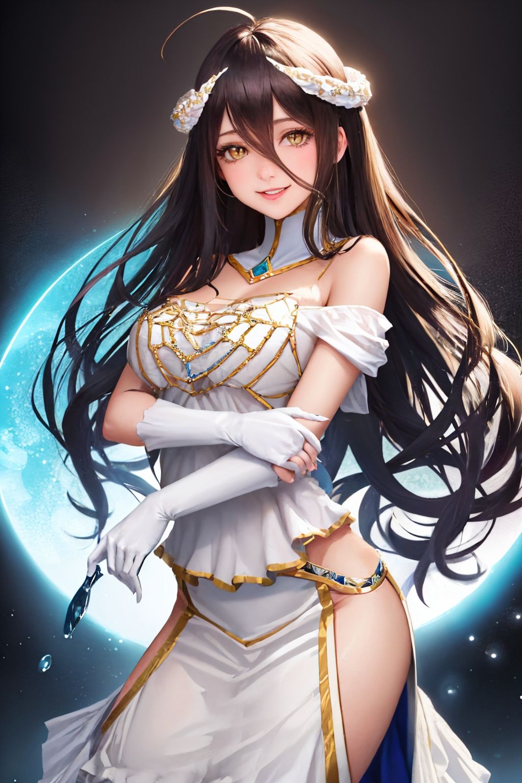 (masterpiece, best quality:1.2), solo, 1girl, albedodef, naughty face, smile, looking at viewer, own hands together, ahoge, slit pupils, dress, hip vent, (white gloves:1.1), black wings, bare shoulders <lora:ol_albedo:1.0>
