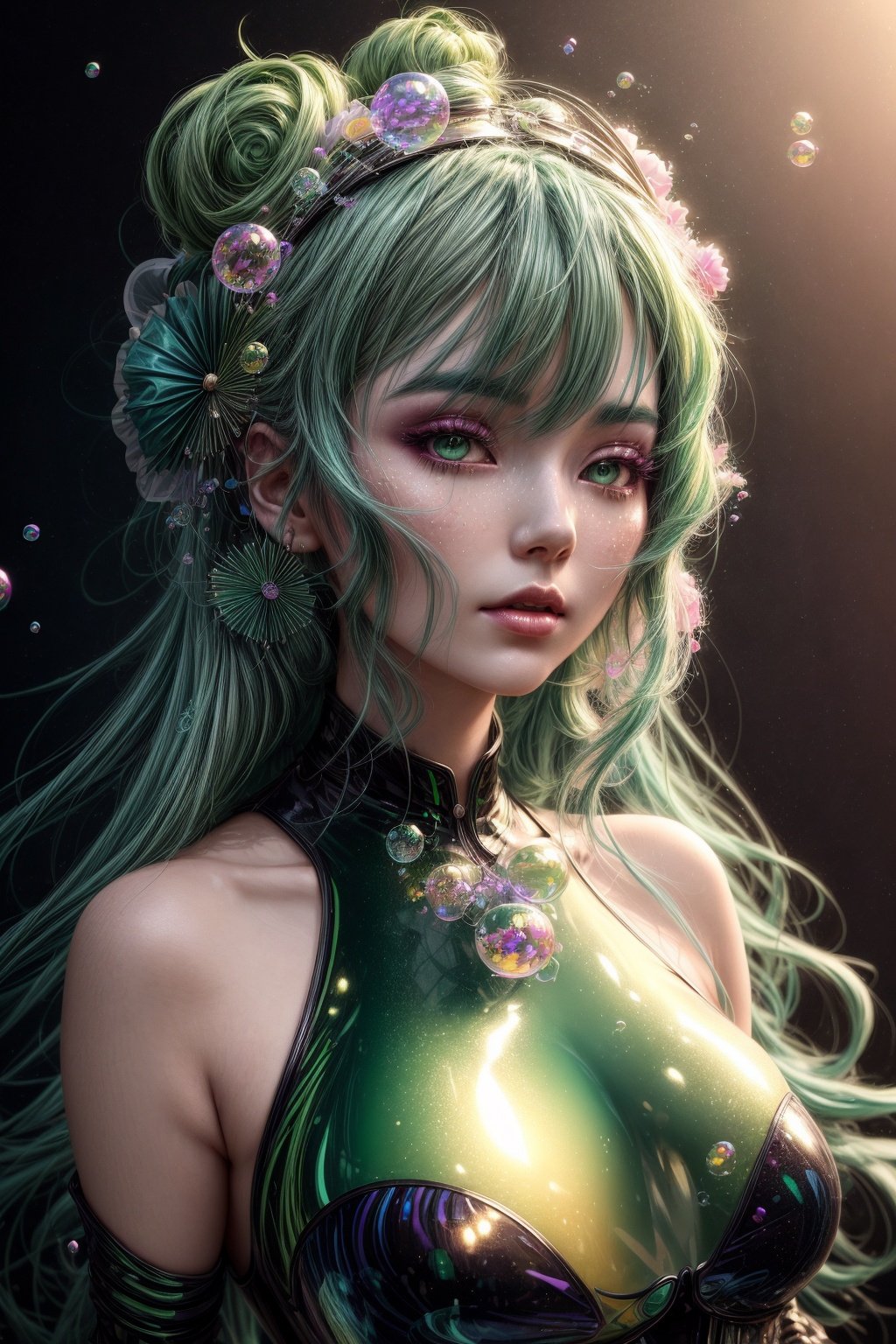 a woman with green hair is surrounded by bubbles, inspired by Yanjun Cheng, fantasy art, pop japonisme 3 d ultra detailed, fantasy victorian art, style hybrid mix of beeple, sakimichan frank franzzeta, underwater face, rossdraws 1. 0, stylized 3 d, beeple and jeremiah ketner