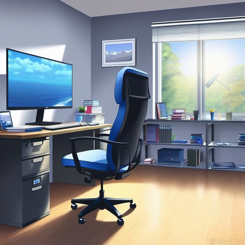 background,chair, computer, desk, indoors, monitor, no_humans, office_chair, scenery