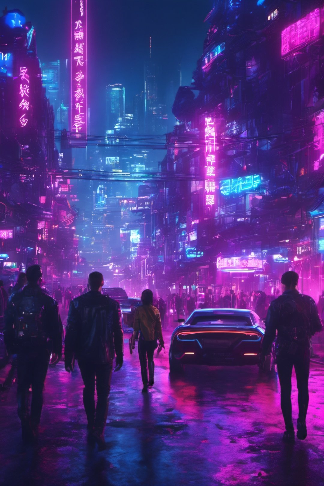 night city, cyperpunk style, people walking on street, neon lighting, buildings, traffic, cyber cars
