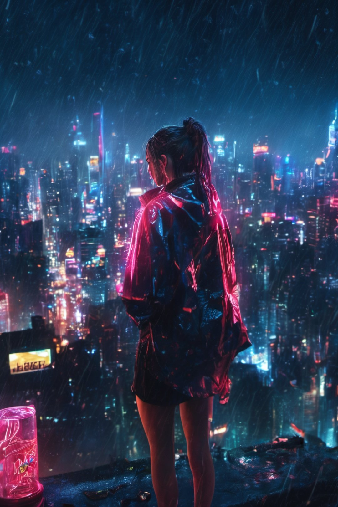 1girl, standing top of building, night city, neon light, buildings, beautiful view, raining, water drops