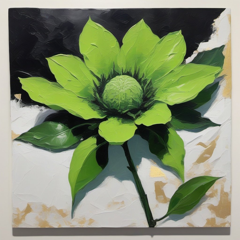 
green flower , foreground, stem and dark leaves, large leaf, slime green leafs, at night, golden ratio, acrylic palette knife, style of  genshin impact 