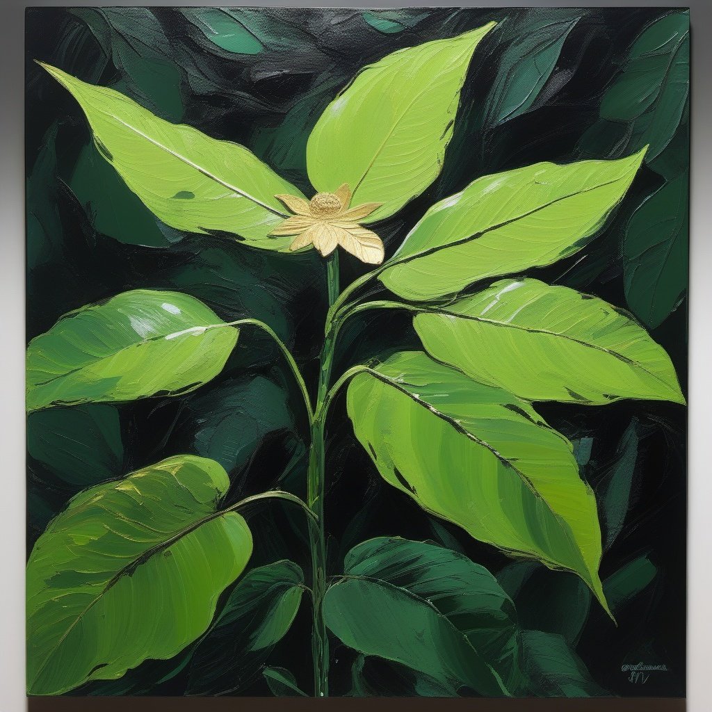 
green flower , foreground, stem and dark leaves, large leaf, slime green leafs, at night, golden ratio, acrylic palette knife, style of  genshin impact 