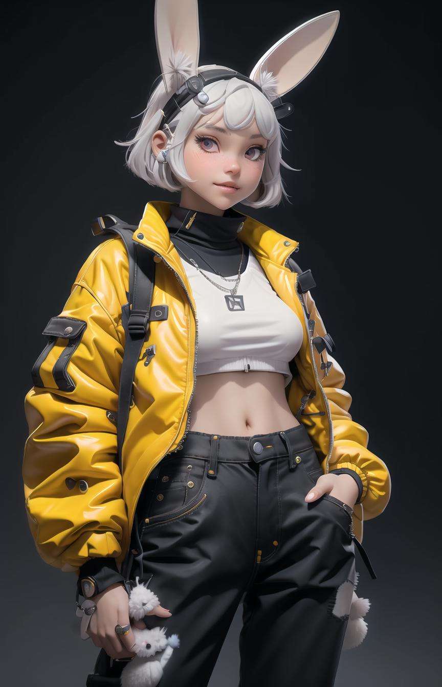 a nijigirl with bunny - ears <lora:nijilorabunny:0.75>wearing techwear jacket and jeans, milky bob cut, big warm smile, (surprised face), a huge diamond necklace, posing, big beautiful cobalt ODD eyes, large breasts, carrying a backpack, very detailed