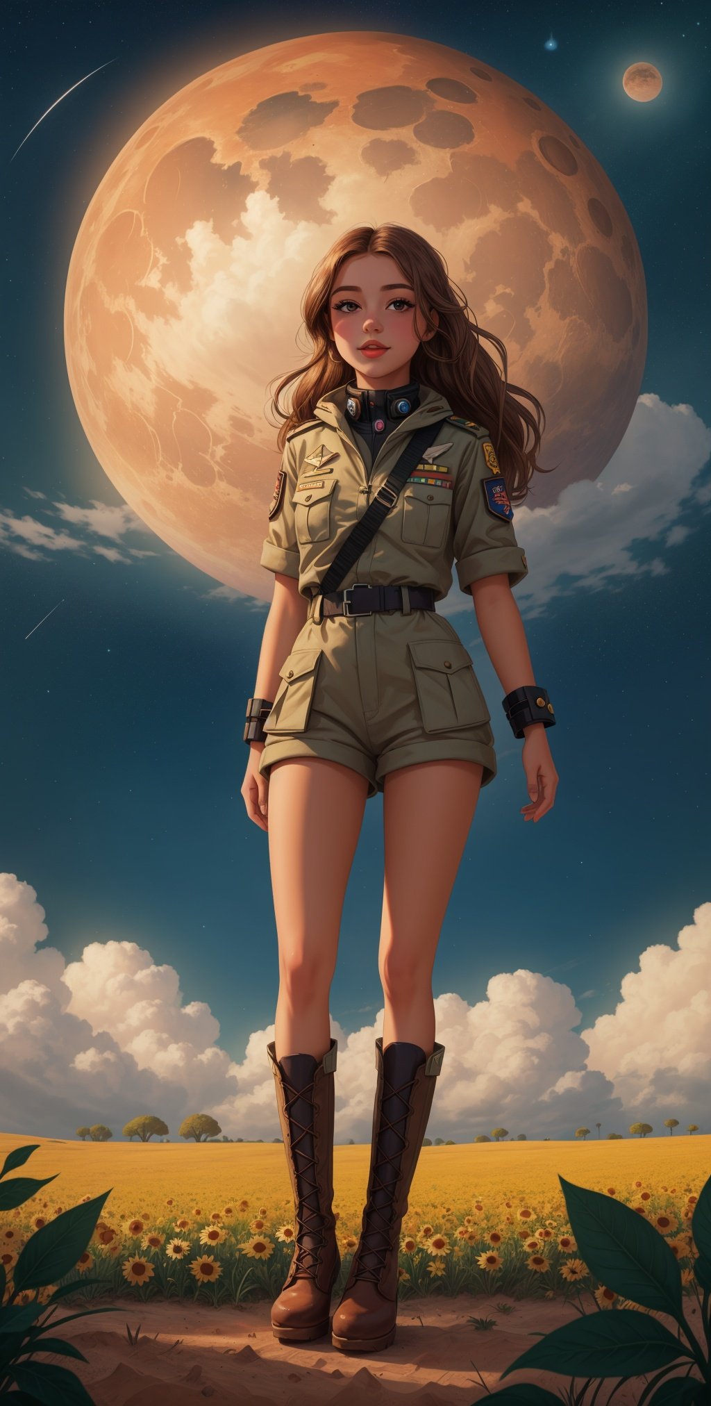 a beautiful girl in the sky from Mars, establishing herself in a field uniform