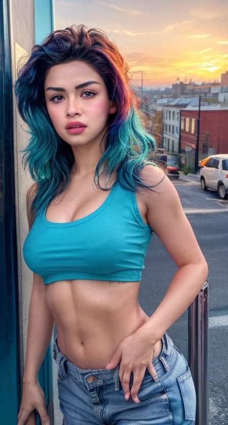 (hyperealistic detailed face:1.2), (looking at viewer:1.2), (frontal view), centered, upper body, award winning frontal photography, masterpiece, (beautiful detailed eyes:1.2), | aqua hair, light blue eyes, short hairstyle, (medium top), midriff peak, navel, shorts jeans, nipples, underboob, abs, | sunset, bokeh, depth of field, | urban, street, City, | starry sky, vaporwave color scheme, (saturated colors:1.2),avneetkaurv10