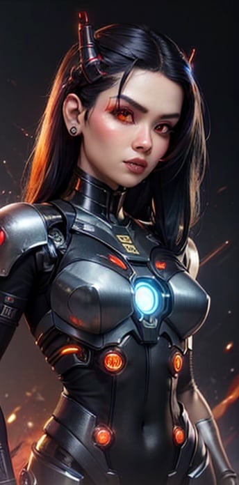 cyborg lady, Vietnam temple,dinhlang,cybernetic jaw, mechanical parts, metal skin, glowing red eyes, cables, wires, black hair, simple background,avneetkaurv10