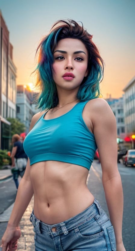 (hyperealistic detailed face:1.2), (looking at viewer:1.2), (frontal view), centered, upper body, award winning frontal photography, masterpiece, (beautiful detailed eyes:1.2), | aqua hair, light blue eyes, short hairstyle, (medium top), midriff peak, navel, shorts jeans, nipples, underboob, abs, | sunset, bokeh, depth of field, | urban, street, City, | starry sky, vaporwave color scheme, (saturated colors:1.2),avneetkaurv10