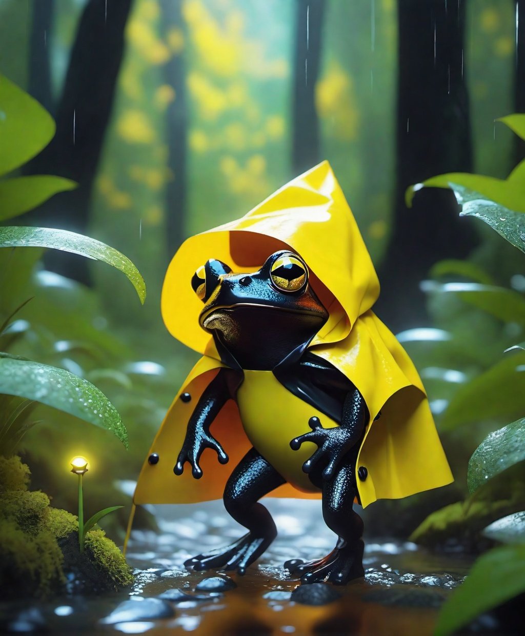 Adorable big eyed vantablack frog wearing a yellow raincoat and gumboots walking in a lush forest, full character concept, rainbow light, trending on artstation, matte painting