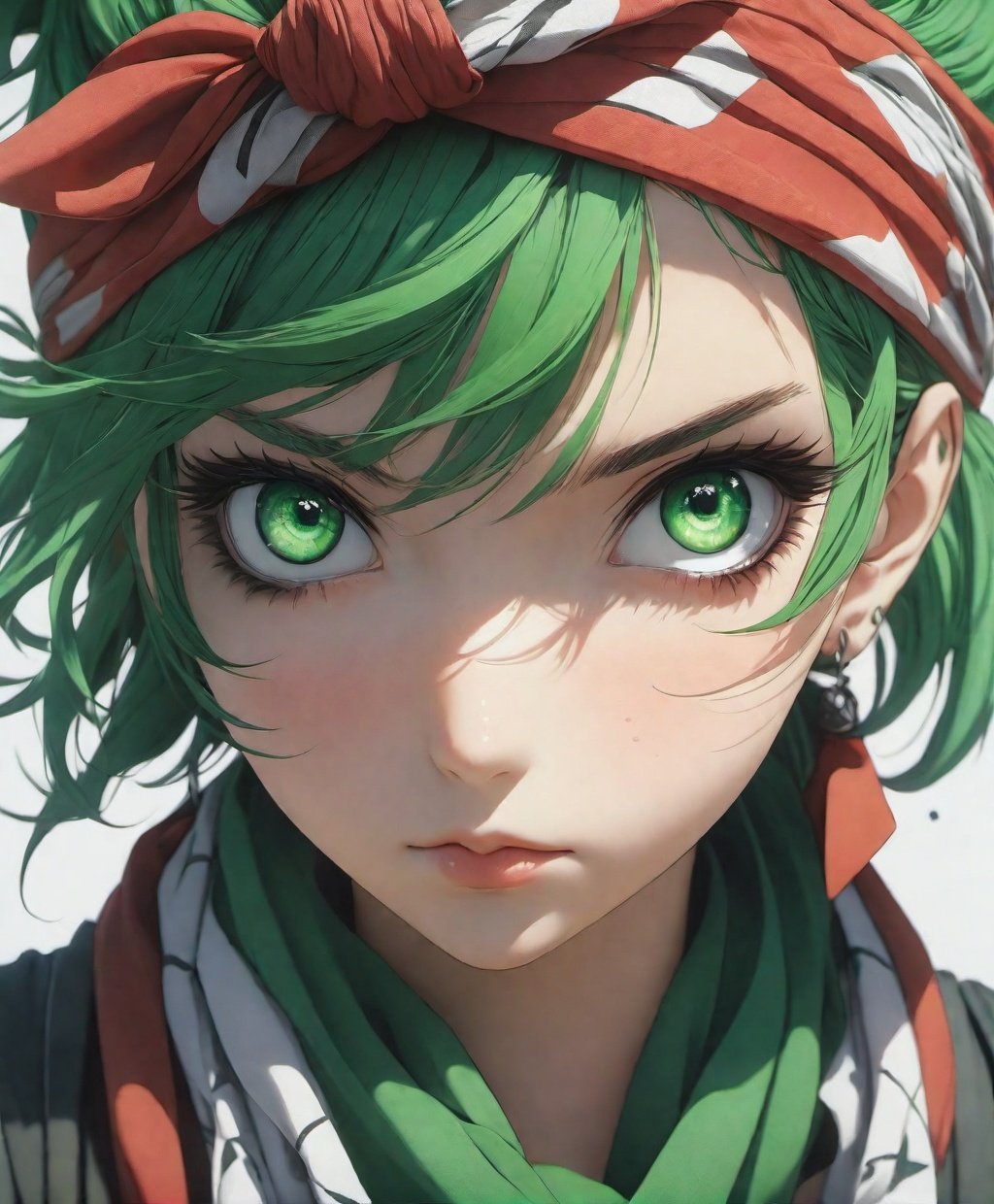 Anime Style by Eiichirō Oda Character, extreme-detailed ODD eyes, portrait, 8k, female character with green ODD eyes, green hair, bandana