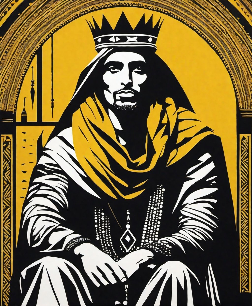 simple block print, flat rand, a very rich bedouin with crown on throne in deep desert, black and white and yellow, side view,