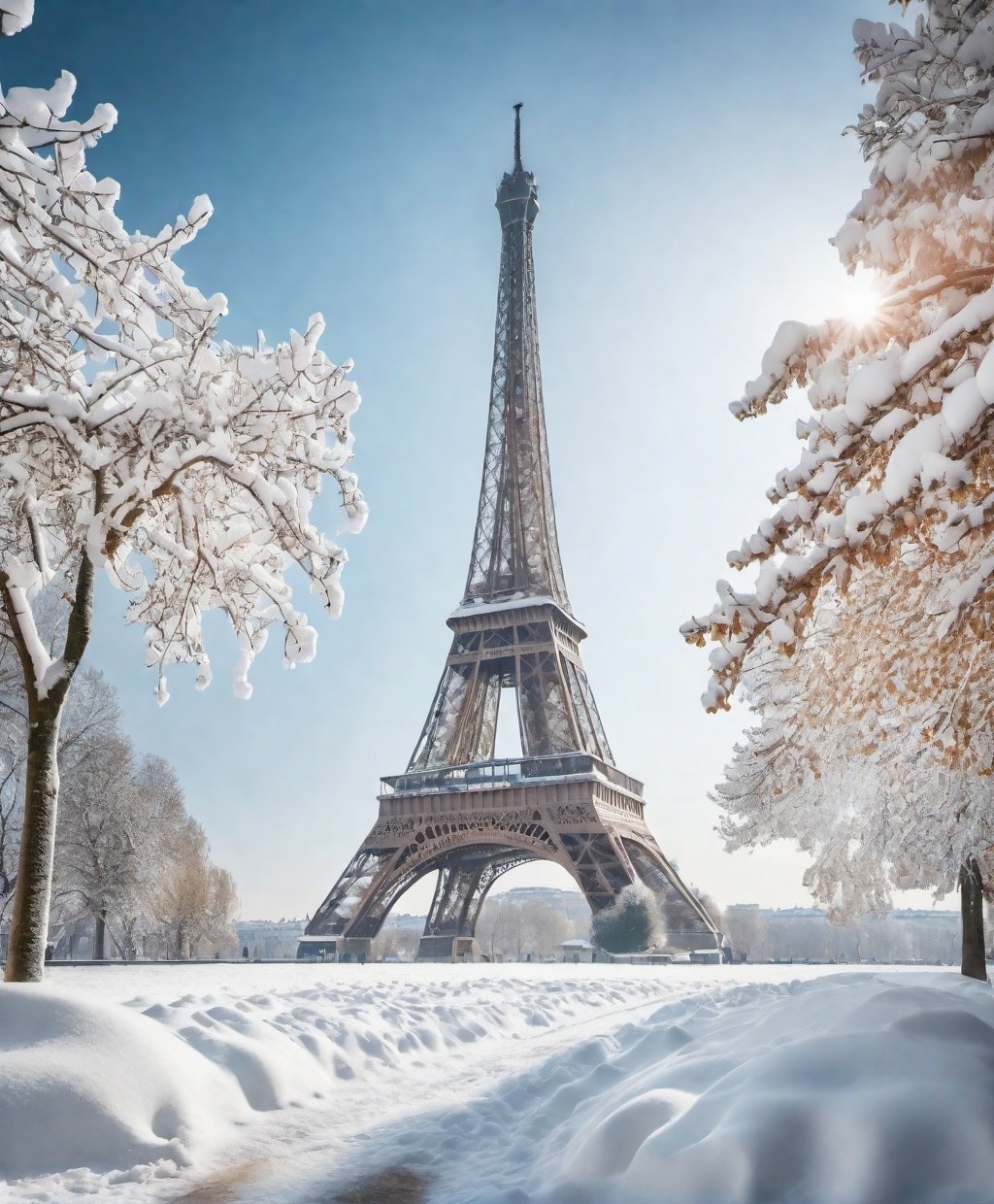 A photograph of the Eiffel Tower covered in snow during a heatwave, stop method, Expressionism, 8K, high resolution