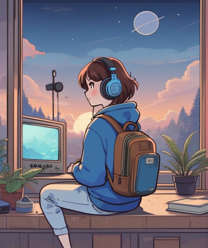 lofi, 1girl, backpack, bag, blue pants, book, bookshelf, brown hair, cable, cd, cloud, controller, from behind, game controller, globe, headphones, holding, hood, hood down, hoodie, indoors, lofi style, long sleeves, moon, pants, planet, plant, potted plant, scenery, shelf, shooting star, short hair, sitting, sky, solo, speaker, star \(sky\), starry sky, sunset, television, window<lora:SDXL_Lofi:0.65>