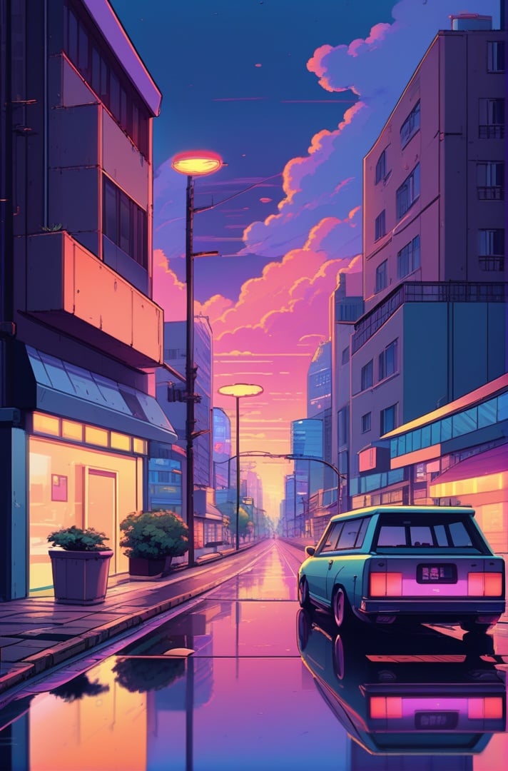 lofi anime, lofi, building, car, city, cityscape, cloud, cloudy sky, evening, from behind, ground vehicle, lofi style, motor vehicle, neon lights, outdoors, reflection, road, scenery, sign, sky, solo, standing, street, sunset, traffic light, water<lora:SDXL_Lofi:0.65>