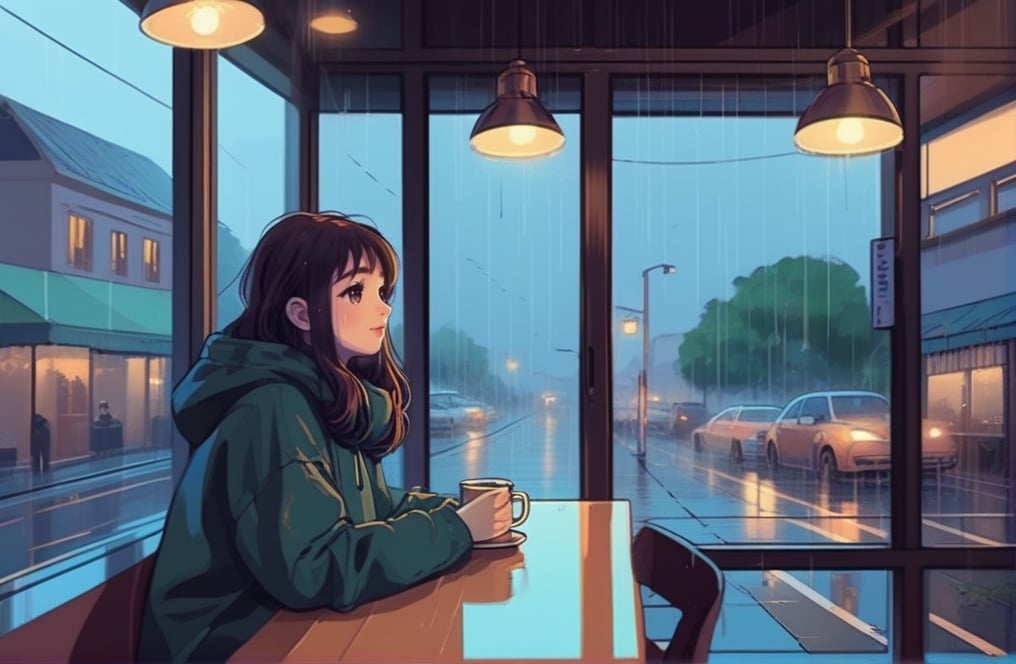 lofi, 1 girl, sitting in coffee shop, rainy days, windows<lora:SDXL_Lofi:0.65>