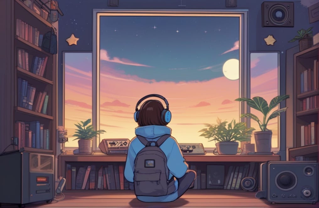 lofi, 1girl, backpack, bag, blue pants, book, bookshelf, brown hair, cable, cd, cloud, controller, from behind, game controller, globe, headphones, holding, hood, hood down, hoodie, indoors, lofi style, long sleeves, moon, pants, planet, plant, potted plant, scenery, shelf, shooting star, short hair, sitting, sky, solo, speaker, star \(sky\), starry sky, sunset, television, window<lora:SDXL_Lofi:0.65>