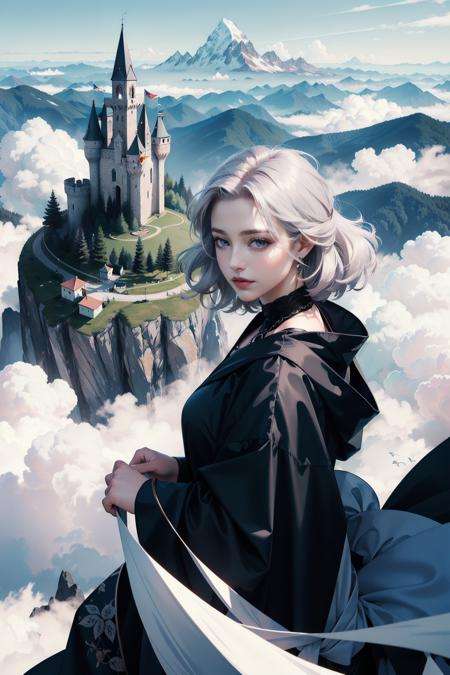 realistic, (masterpiece, top quality, best quality, official art, beautiful and aesthetic:1.2), extremely detailed,fractal art,colorful,highest detailed,dynamic angle,(castle on the cloud and mountain) 1girl,queen, silver hair, bright eyes,hair slicked back, black robe, open clouth, from above