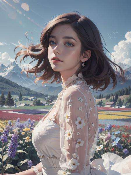 1girl, dynamic angle, cloud and mountain, (flower field:1.4) in the foreground, white dress, light tracing, (floating colorful wind:1)(photorealistic:1.4), official art, unity 8k wallpaper, ultra detailed, beautiful and aesthetic, masterpiece,best quality, glowing skin, cinematic lighting, light smile