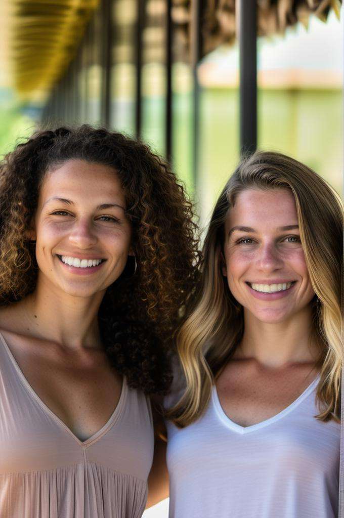 In an endearing close-up photograph, two close young european and brazilian woman, with radiant smiles and sparkling eyes, stand cheek to cheek, looking directly at the viewer. The genuine bond between them is evident in their warm expressions. The background, beautifully blurred through a high depth of field, accentuates the focus on their heartfelt connection. Captured in a Photographic style with a 50mm prime lens, ensuring exquisite facial details and a natural perspective that brings out the authenticity of their friendship.   <lora:faces_v2:0.98>