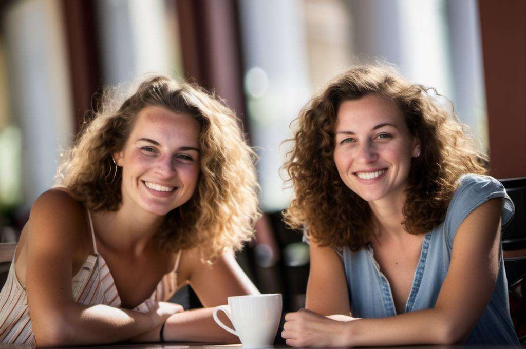 In an endearing close-up photograph, two close young european woman, with radiant smiles and sparkling eyes, sitting in a cafe and looking directly at the viewer. The genuine bond between them is evident in their warm expressions. The background, beautifully blurred through a high depth of field, accentuates the focus on their heartfelt connection. Captured in a Photographic style with a 50mm prime lens, ensuring exquisite facial details and a natural perspective that brings out the authenticity of their friendship.  <lora:faces_v2:0.6>