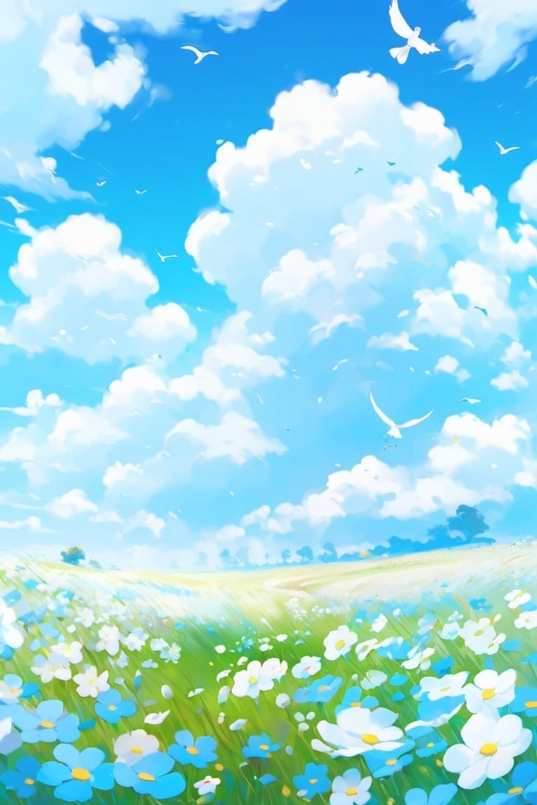 outdoors, scenery, no humans, cloud, flower, sky, tree, day, field, blue sky, bird, grass, nature, white flower, cloudy sky, flower field, blue flower, 
