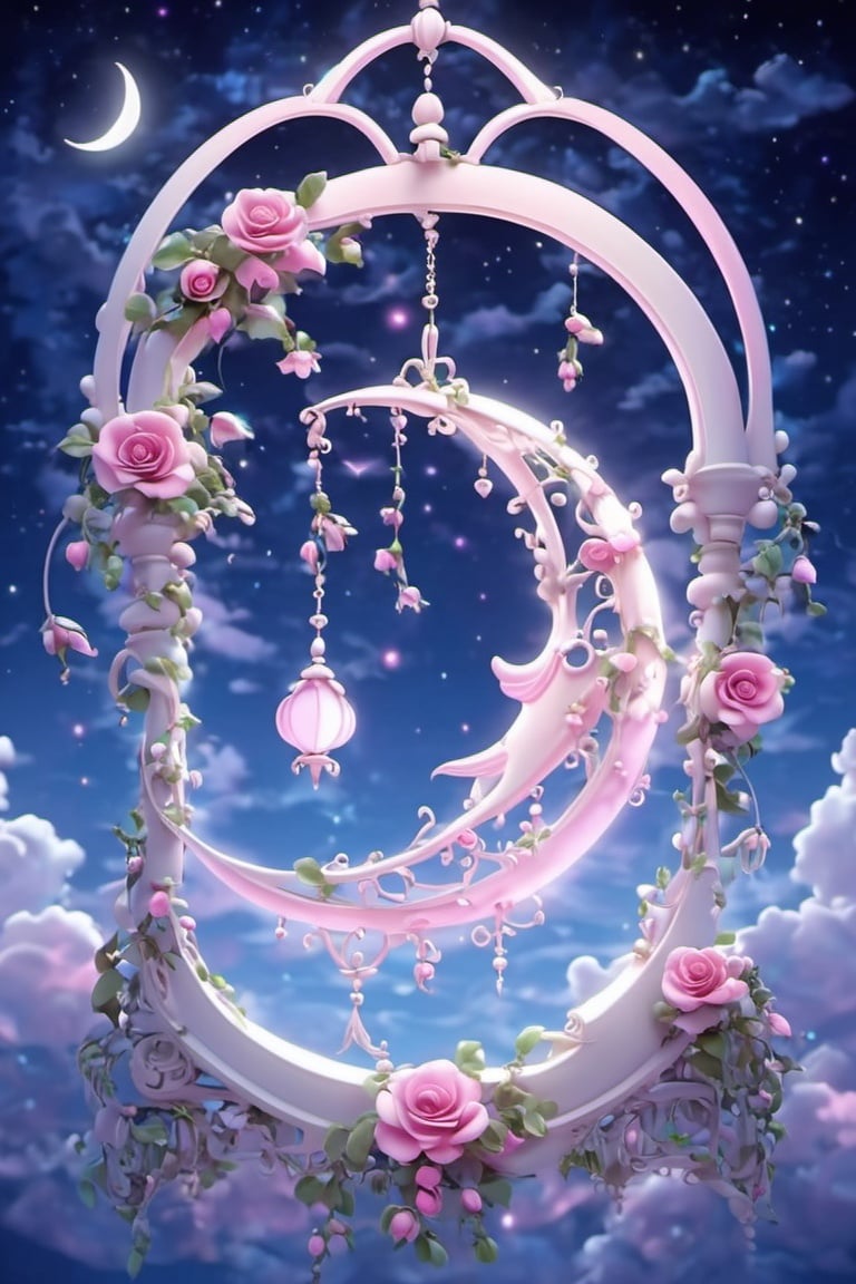 fantasydi, flower, rose, sky, pink flower, no humans, pink rose, moon, cloud, crescent moon, star \(sky\), fish, scenery