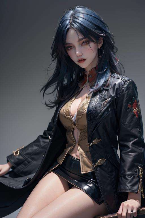 masterpiece, best quality, realistic, 8k, official art, cinematic light, ultra high res, simple background, 1girl, <lora:Blade_FMv13:1>,blade,black coat, chinese clothes,bangs,red eyes, dark blue hair, dynamic pose, looking at viewer, dynamic angles