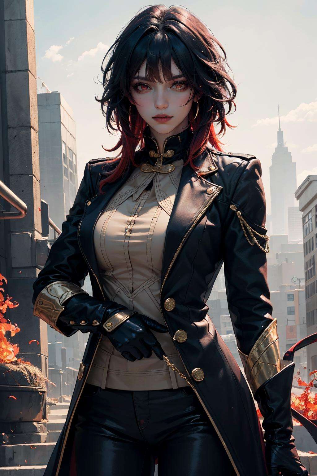 masterpiece, best quality, realistic, 8k, official art, cinematic light, ultra high res,1girl, <lora:Blade_FMv13:0.8>,blade \(hsr\),black coat, chinese clothes,(bangs:1.2),red eyes, pant, dark blue hair,dynamic pose, dynamic angles