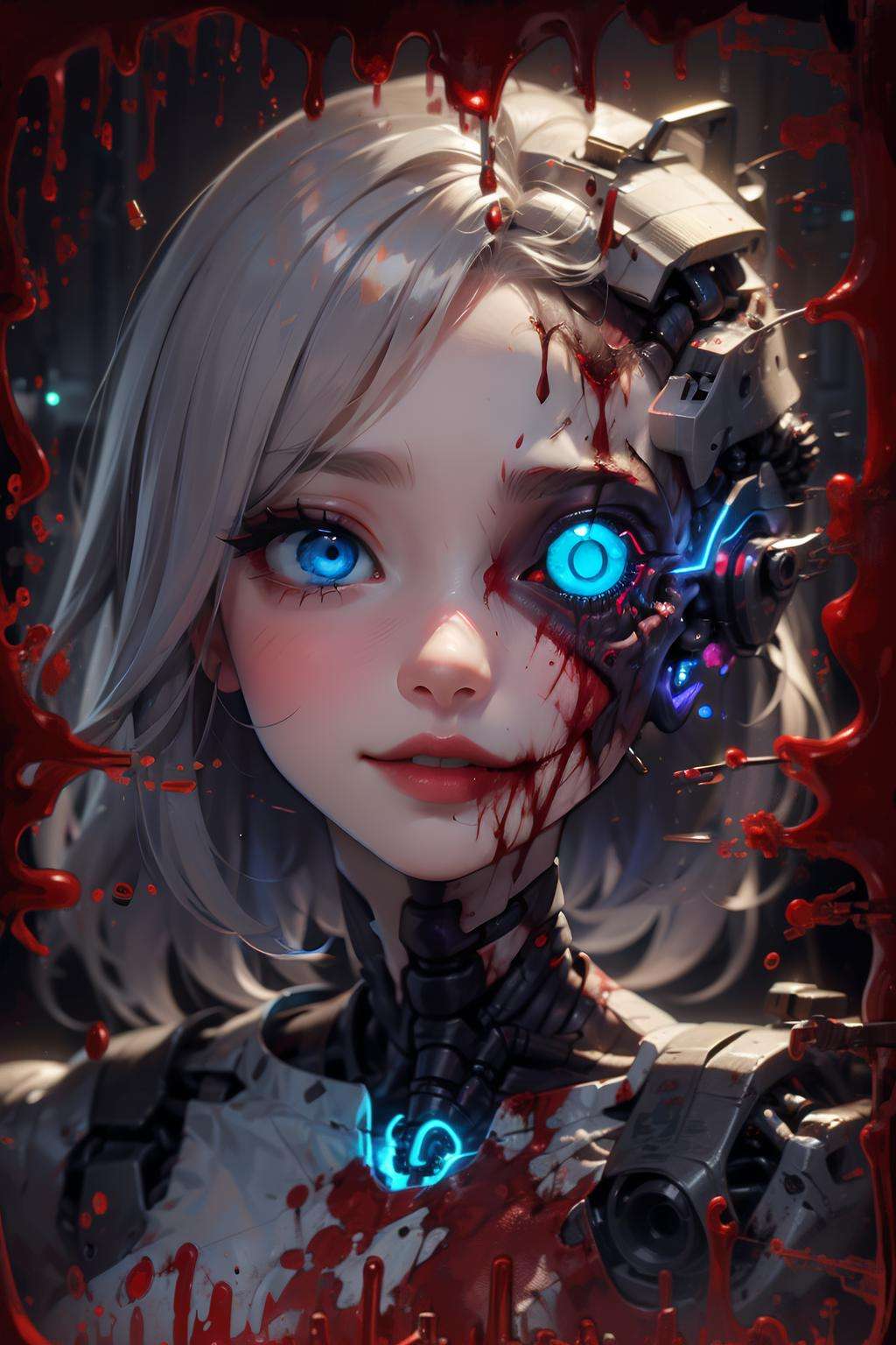 a cyborg lady, (cybernetic jaw), mechanical parts, white shirt,  black latex skirt, metal skin, (glowing blue eyes), cables, wires, white hair, <lora:BloodOnScreenv10:0.9>, BloodOnScreen, blood splatter, 