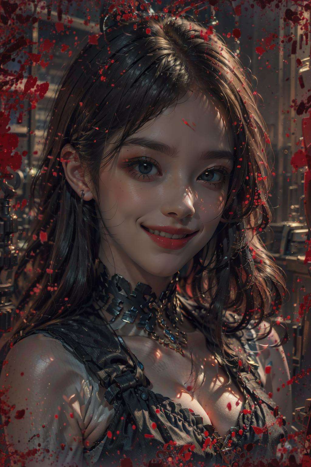 best quality, masterpiece, (photorealistic:1.4), 1girl, close up, light smile, looking at viewer, (sunlight, colorful), <lora:BloodOnScreenv10:0.9>, BloodOnScreen,detailed background, 
