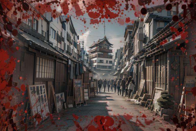 official art, unity 8k wallpaper, ultra detailed, aesthetic, masterpiece, best quality, photorealistic, dynamic lighting, global illumination, morning sunlight, landscape,1girl, japanese clothes, <lora:BloodOnScreen01-000004:1>, BloodOnScreen,detailed background, japanese structures, 