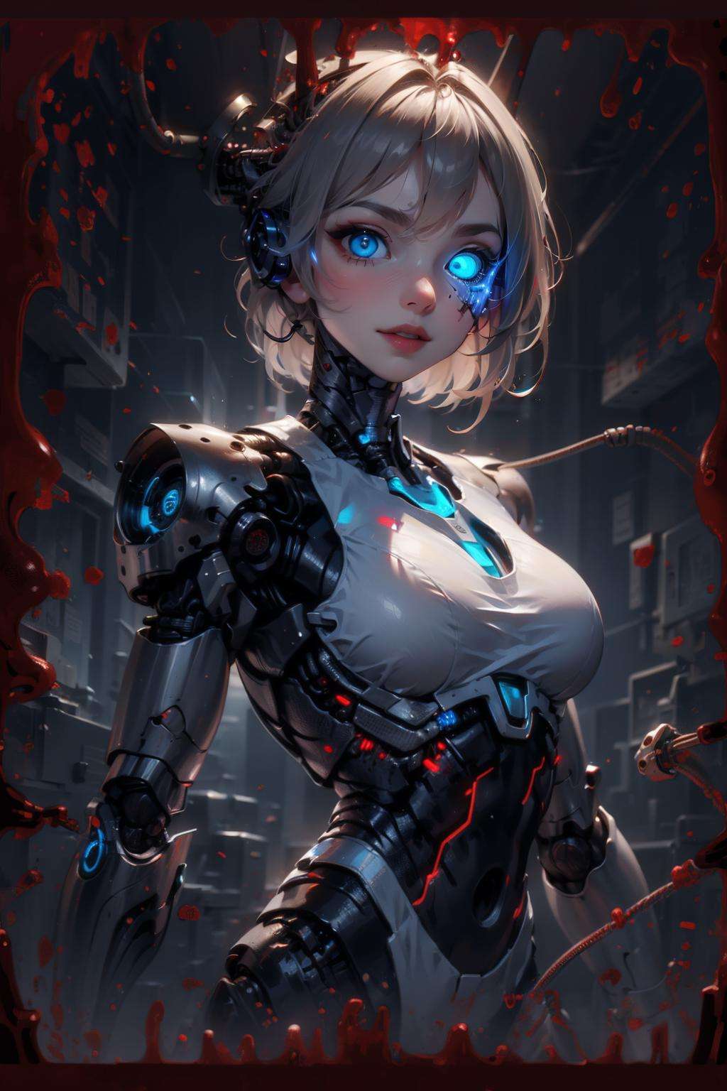 a cyborg lady, (cybernetic jaw), mechanical parts, white shirt,  black latex skirt, metal skin, (glowing blue eyes), cables, wires, white hair, <lora:BloodOnScreenv10:0.9>, BloodOnScreen,