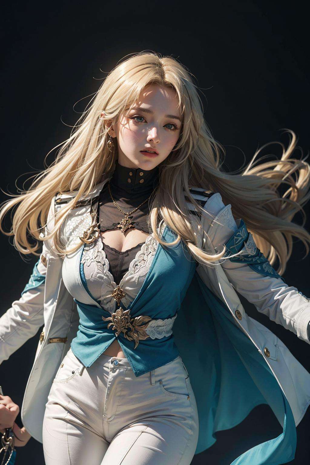 Ultra Detailed, 50mm, official art, unity 8k wallpaper, ultra detailed, aesthetic, masterpiece, best quality, photorealistic,1girl, <lora:Luocha_fm_v11:0.9>, luocha, blonde hair, long hair,  white coat, black shirt, white pants, blue ascot, blue armband, blue vest, dynamic pose, dynamic angle