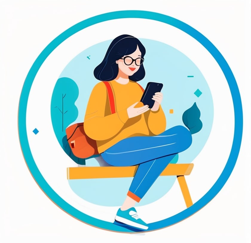 illustration, flat design, 1girl, solo, black hair, phone, holding, pants, long hair, holding phone, sitting, glasses, flat color, circle, closed eyes, blue pants, smile, long sleeves, limited palette<lora:sdxl_illustration:0.65>