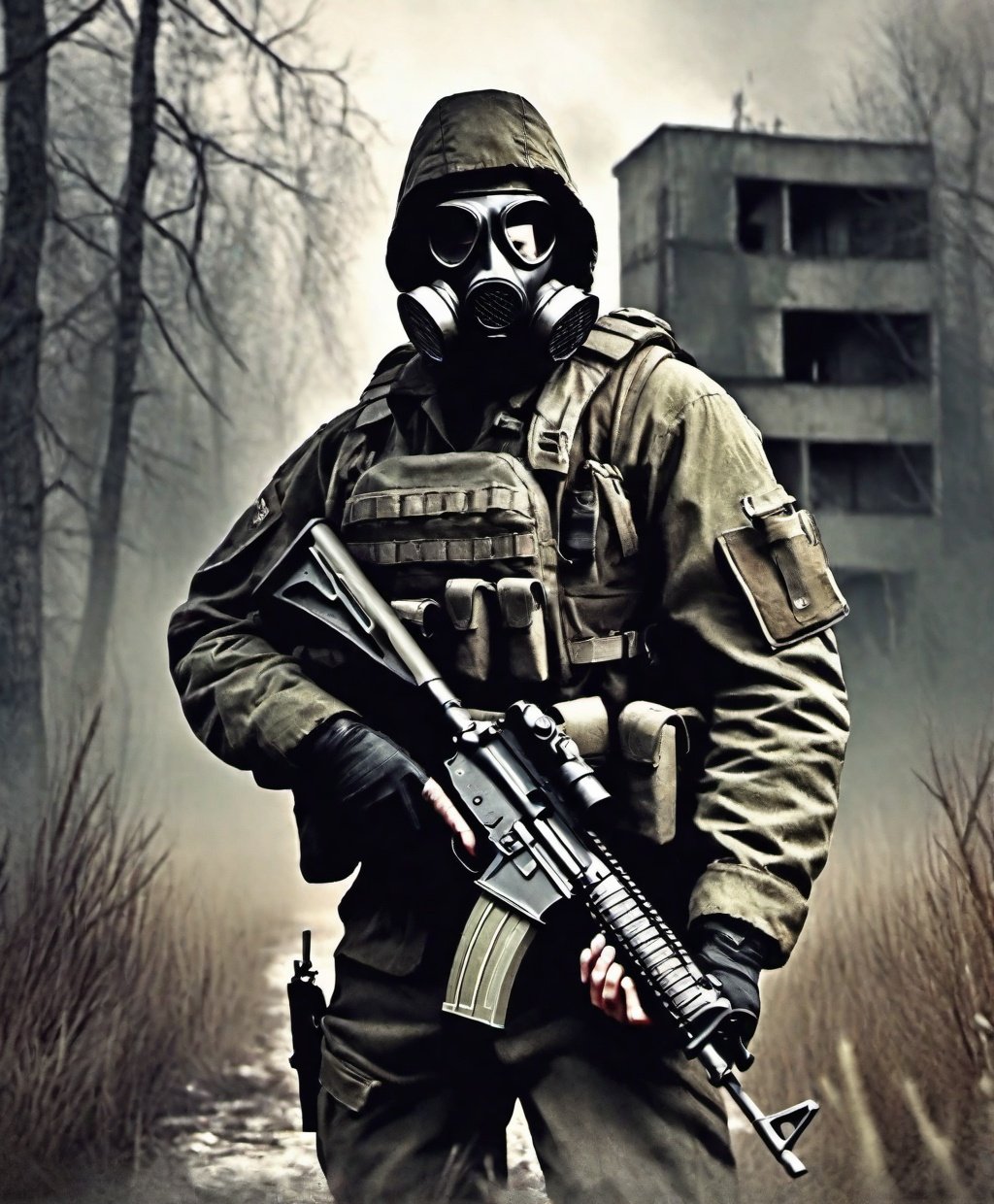 S.T.A.L.K.E.R. shadow of chernobyl, a stalker in mercenary gear and a gas mask, survivor, militaristic, holding a rifle, in the zone of exclusion, overgrown, expressive painting, somber mood, desaturated