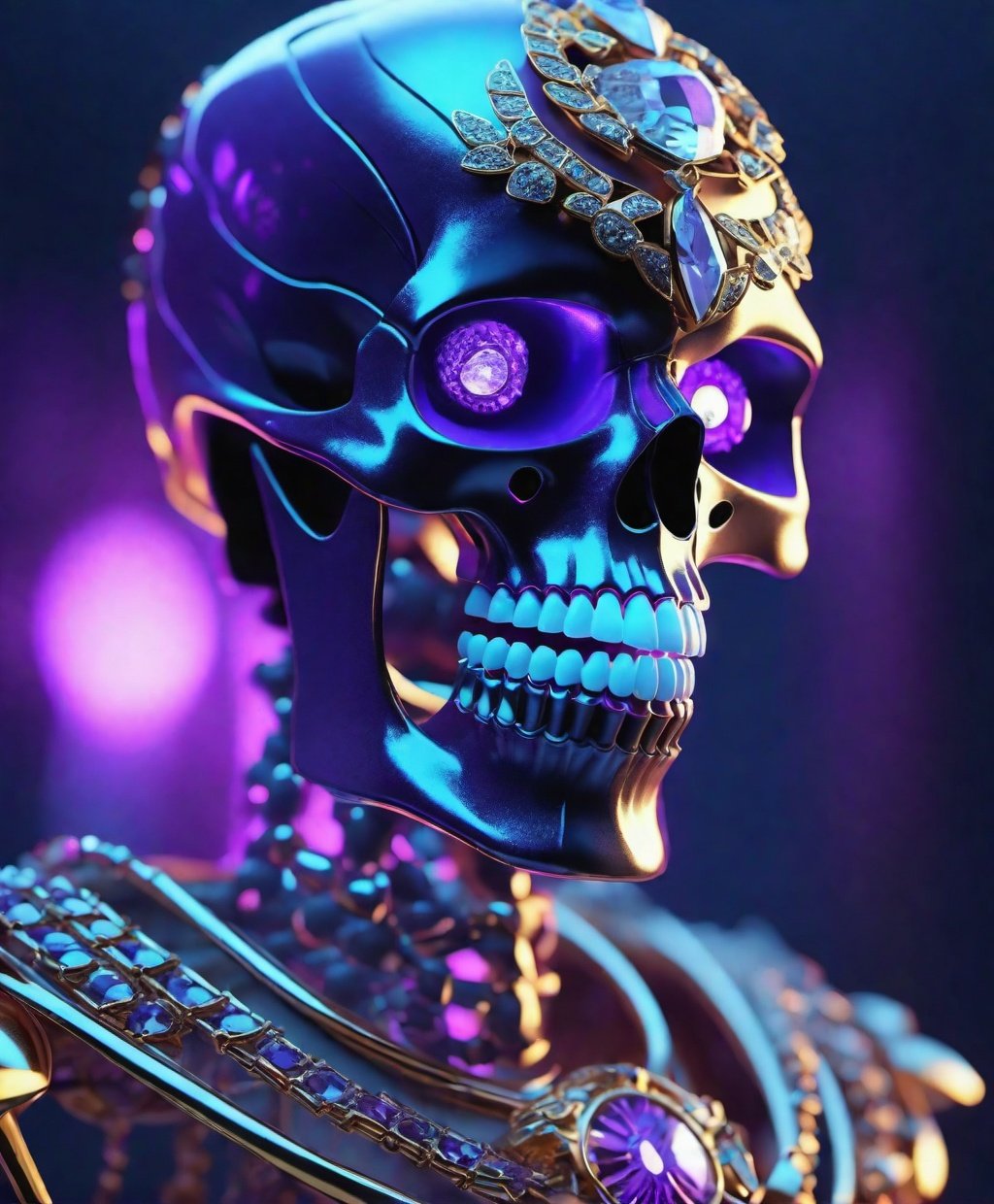 a scary wealthy skeleton covered in luxurious jewelry, jewelry, luxury, glowing eyes, fullbody, sinister glare, minimalist, ominous lighting, in the style of unreal engine 5, skeletal, ultra violet colors, colour grading, luminescent glows, ultra intricate detailing, 8k, Cinematic Lighting, cinematic